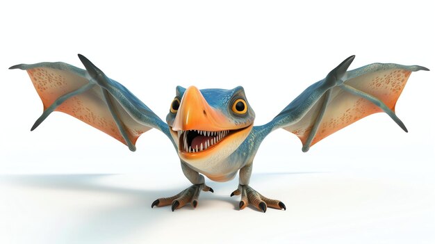 Foto un lindo pterodáctilo de dibujos animados con una sonrisa dentada y alas palmeadas está de pie en cuatro patas listo para volar