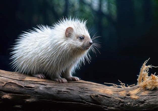 Foto un lindo puercoespín blanco en un tronco en el bosque