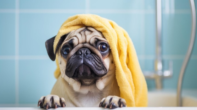 Lindo pug en el baño con una toalla en la cabeza