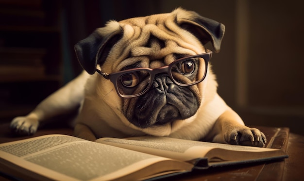 Un lindo pug con gafas yace en un libro Un perro encantador leyendo un libro de cerca Un telón de fondo borroso IA generativa