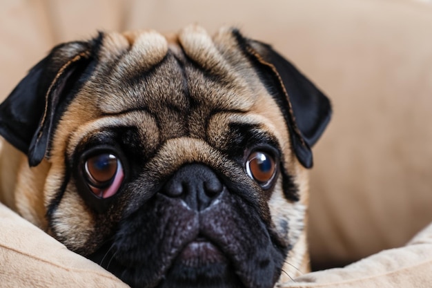 Lindo pug con grandes ojos marrones acostado primer plano