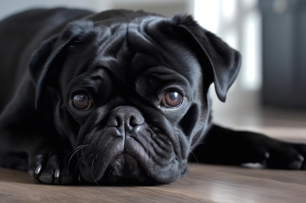 Lindo pug negro triste y solitario acostado en el piso de la casa esperando al dueño Miss you concepto