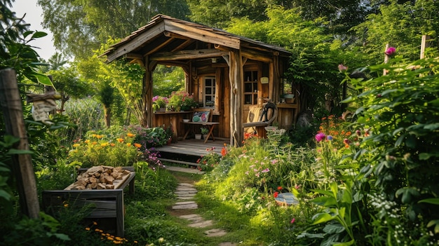 Lindo quartinho de madeira aconchegante em ideia de jardim para um pequeno pavilhão de casa