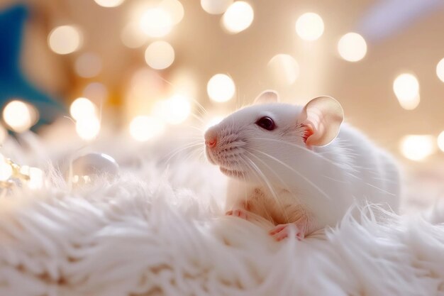 Lindo ratón blanco con bokeh en el fondo