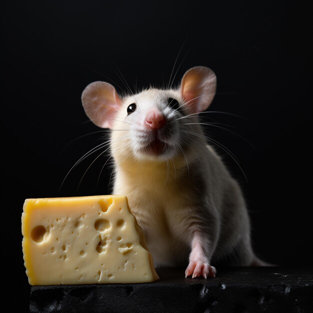 Un lindo ratón blanco con fondo negro de queso