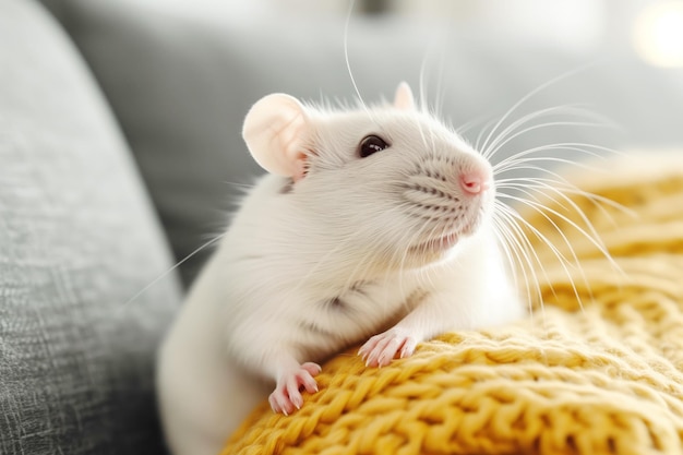 Lindo ratón blanco en el sofá de cerca concepto de cuidado de mascotas