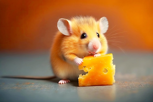 Lindo ratón comiendo queso con hermoso y exuberante pelaje naranja amarillo generativo ai
