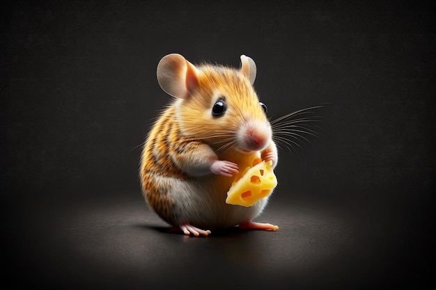 Lindo ratón comiendo queso con rico vientre redondo sobre fondo negro generativo ai