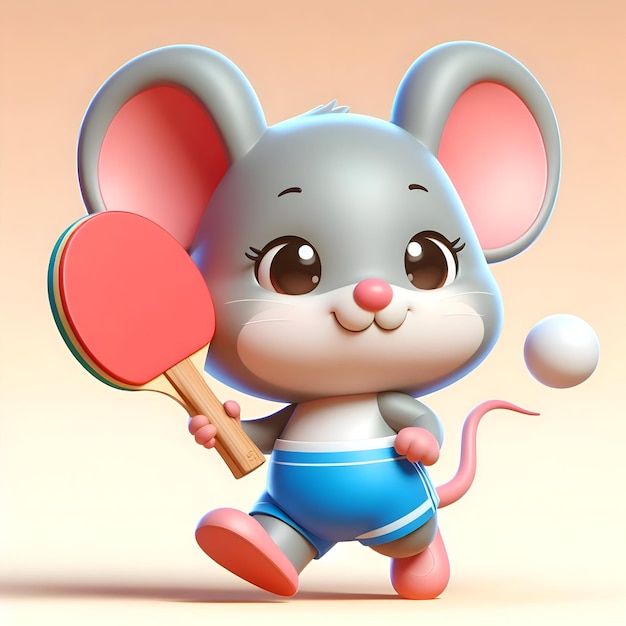 Foto el lindo ratón de dibujos animados con una raqueta de tenis de mesa