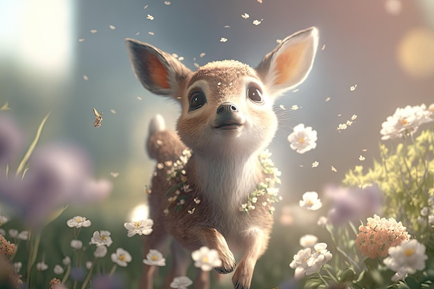 Lindo y realista bebé ciervo saltando con gracia con flores.