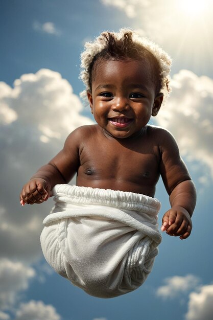 Un lindo recién nacido sonriendo en el cielo de nubes