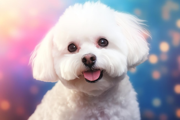 Foto lindo retrato de cão bichon frise para publicidade com espaço de cópia