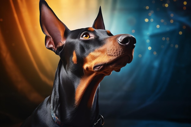 Foto lindo retrato de cão doberman pinscher para publicidade com espaço de cópia