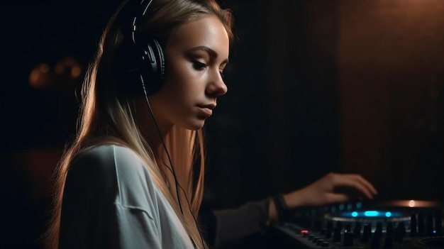 Lindo retrato de senhora DJ em uma boate dançando música Generative AI