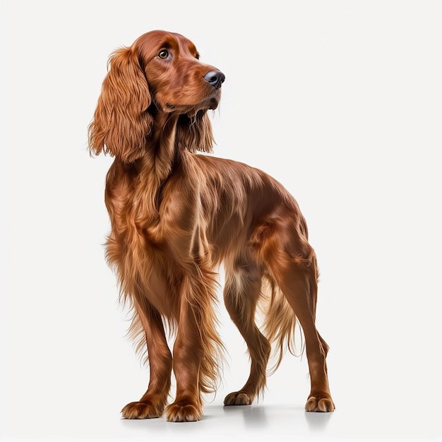 Lindo retrato de setter irlandês de raça de cachorro vermelho isolado em branco closeup adorável animal de estimação em casa