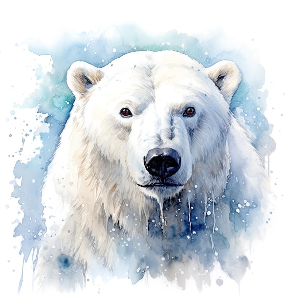Lindo retrato de urso polar branco ursus maritimus com ilustração aquarela de neve sobre branco