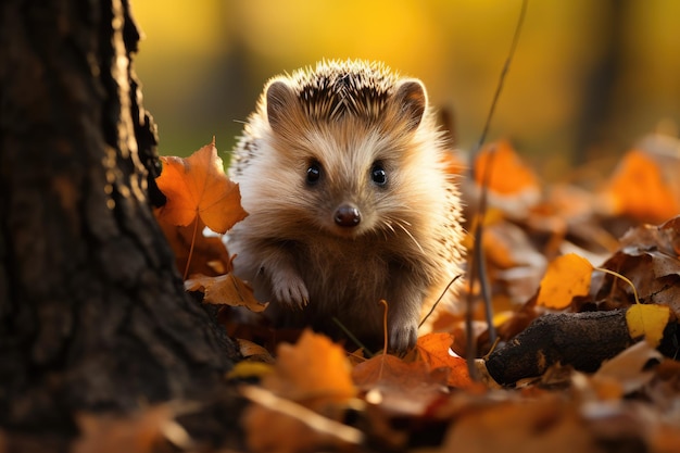 Un lindo retrato de erizo en el follaje de otoño