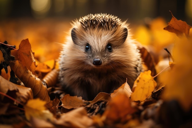 Foto un lindo retrato de erizo en el follaje de otoño