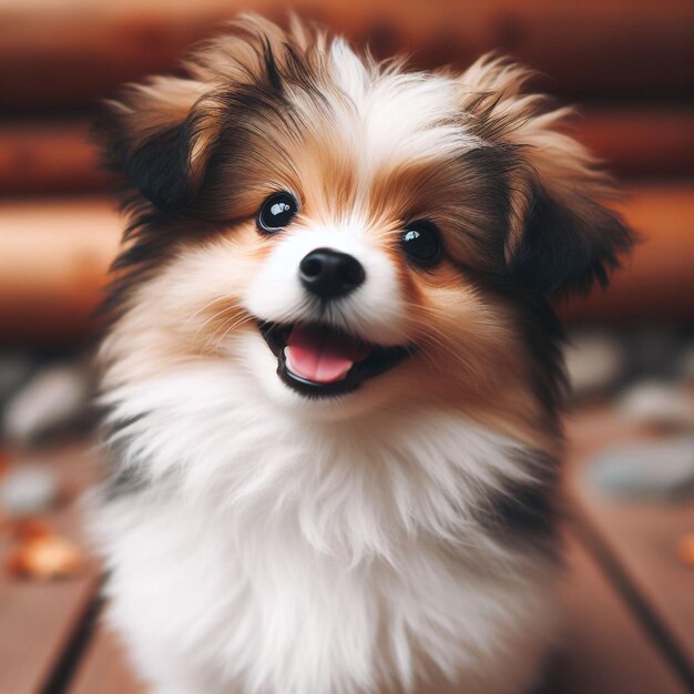 Foto lindo retrato esponjoso sonríe perro cachorro que mirando el momento gracioso concepto de mascota perro encantador