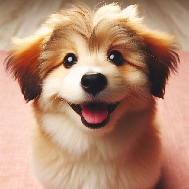 Foto lindo retrato esponjoso sonríe perro cachorro que mirando el momento gracioso concepto de mascota perro encantador