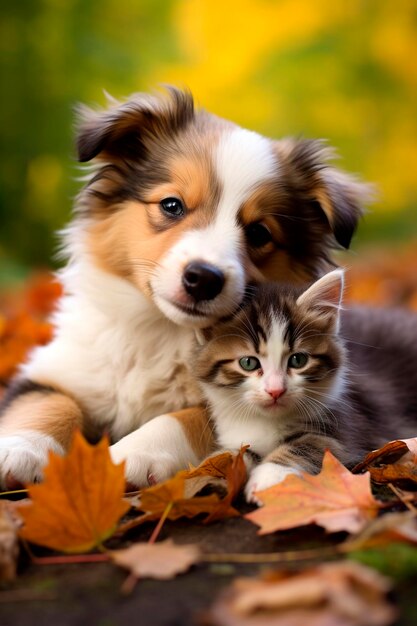 Lindo retrato de un gatito con un cachorro animal de IA generativa