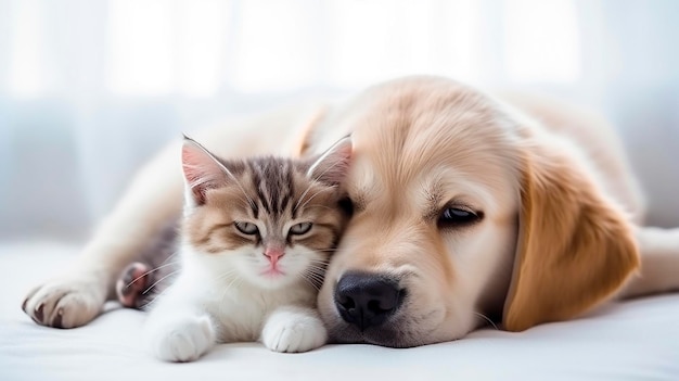 Lindo retrato de un gatito con un cachorro animal de IA generativa