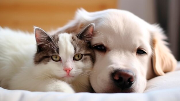 Lindo retrato de un gatito con un cachorro animal de IA generativa