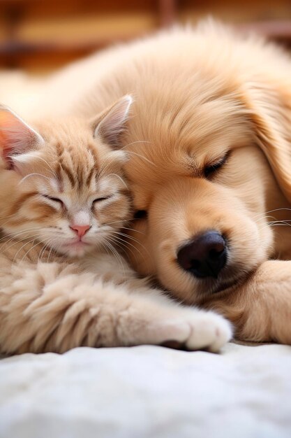 Lindo retrato de un gatito con un cachorro animal de IA generativa