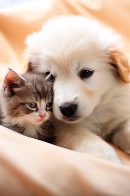 Lindo retrato de un gatito con un cachorro animal de IA generativa