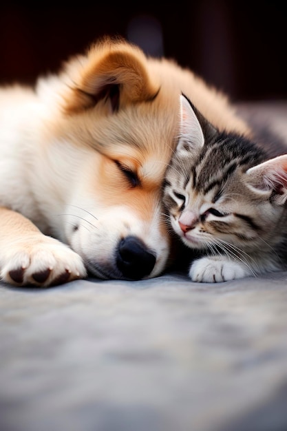 Lindo retrato de un gatito con un cachorro animal de IA generativa