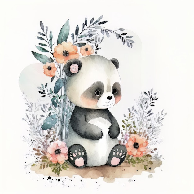 Lindo retrato de panda bebé acuarela sobre fondo blanco Ilustración AI generativo