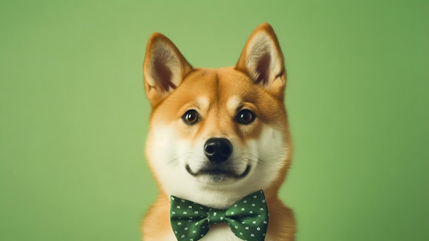 El lindo retrato de un perro Shiba Inu con una pajarita en un fondo pastel