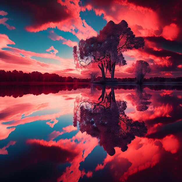 Lindo rio árvores coloridas céu vermelho Generative AI