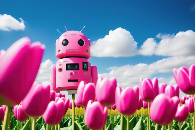 Lindo robô androide rosa em um campo de tulipas Generative AI