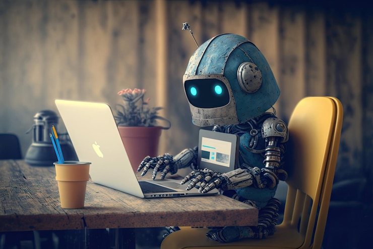 Foto lindo robot en un café escribiendo un artículo en su computadora portátil