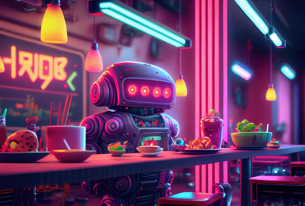 Lindo robot comiendo comida en el fondo del restaurante Tecnología y concepto de comida IA generativa