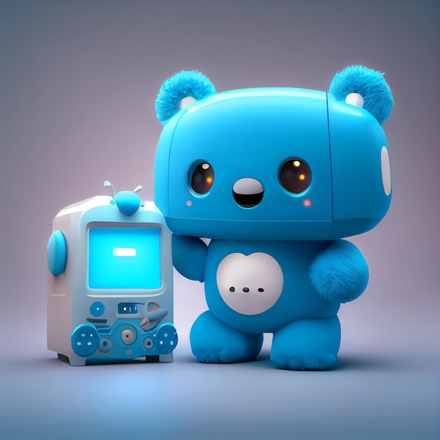 Lindo robot cyborg azul con un diseño divertido y una sonrisa brillante en la pantalla
