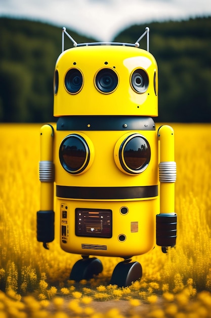 Lindo robot de dibujos animados amarillo en un campo amarillo Juguete de metal rústico cyborg amigo androide