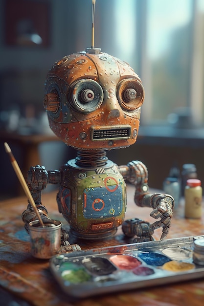 Un lindo robot de dibujos animados divertidos intenta pintar con pinturas al óleo IA generativa