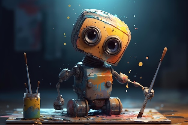 Un lindo robot de dibujos animados divertidos intenta pintar con pinturas al óleo IA generativa
