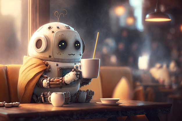 Lindo robot disfrutando de una bebida caliente y un ambiente acogedor en un café de moda