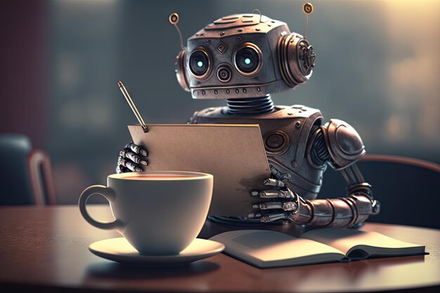 Lindo robot disfrutando de una taza de café en un acogedor café con computadora portátil y libros