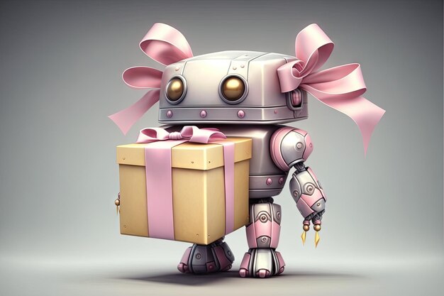 Lindo robot envolviendo caja de regalo con cinta pastel y lazo