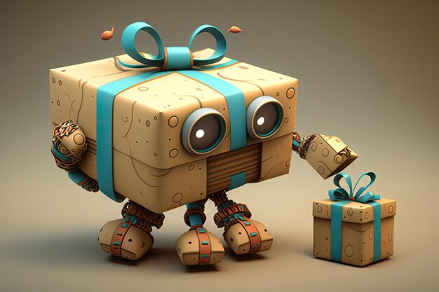 Lindo robot envolviendo caja de regalo con cuerda y lazo