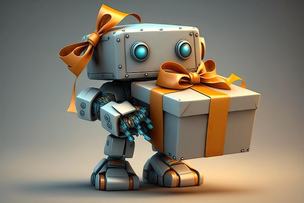 Lindo robot envolviendo el regalo y poniendo un lazo encima