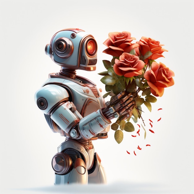 Foto un lindo robot feliz está sosteniendo un ramo de flores rosas