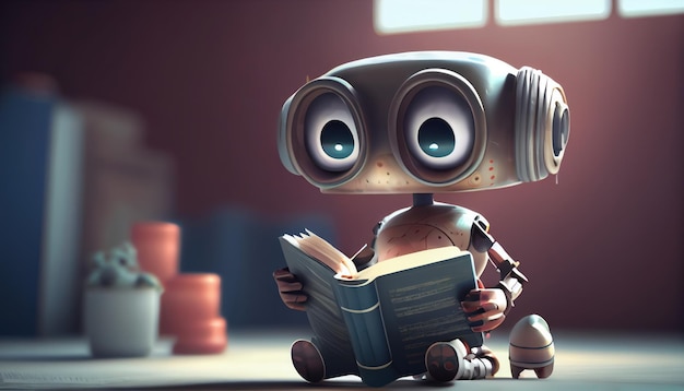 Lindo robot con hermosos ojos leyendo un libro de dibujos animados AI generó ilustración