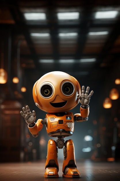 Un lindo robot naranja agitando su mano mostrando un saludo