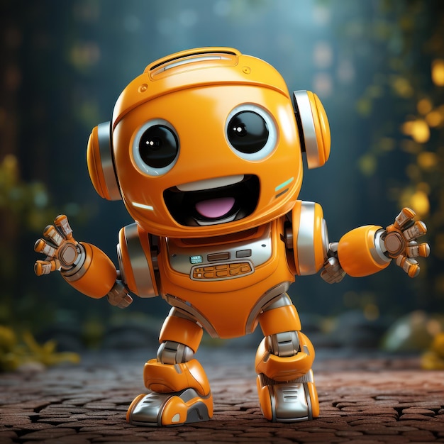 Lindo robot naranja juguetón saltando o bailando