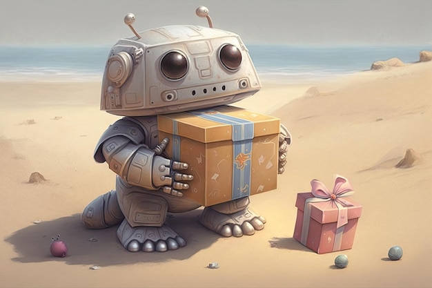 Lindo robot en la playa dando a bañista su caja de regalo con una sorpresa dentro